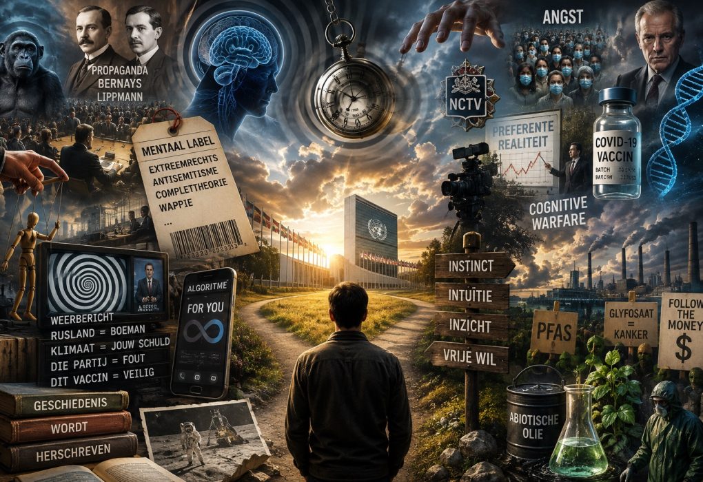 Cinematische collage over propaganda, informatieoorlog, cognitieve beïnvloeding, massapsychologie, algoritmes, surveillance, klimaatnarratieven, coronavaccins, VN-politiek en de zoektocht naar onafhankelijke gedachten in een tijdperk van perceptiesturing.
