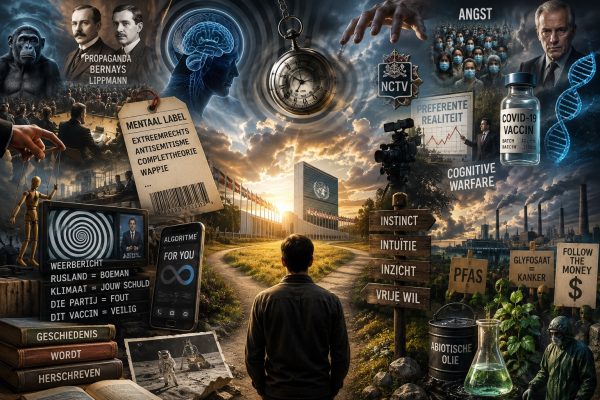Cinematische collage over propaganda, informatieoorlog, cognitieve beïnvloeding, massapsychologie, algoritmes, surveillance, klimaatnarratieven, coronavaccins, VN-politiek en de zoektocht naar onafhankelijke gedachten in een tijdperk van perceptiesturing.