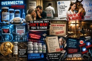 Dr. Mary Bowden bespreekt ivermectine, kankerpatiënten, medische censuur, FDA-beleid, rechtszaken, ziekenhuisprotocollen en vrije meningsuiting in een kleurrijke cinematografische collage met ziekenhuisgangen, rechtbanken, oncologen, AI-surveillance en pandemiegerelateerde symboliek.