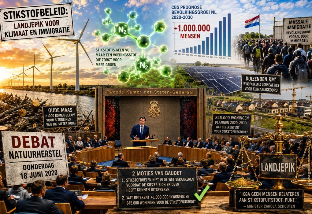 Thierry Baudet spreekt tijdens het stikstofdebat van 18 juni 2020 in de Tweede Kamer, terwijl een illustratieve collage verwijst naar stikstofbeleid, klimaatmaatregelen, bevolkingsgroei, immigratie, windparken, zonneweides, landbouwgrond en de politieke discussie over natuurherstel.