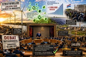Thierry Baudet spreekt tijdens het stikstofdebat van 18 juni 2020 in de Tweede Kamer, terwijl een illustratieve collage verwijst naar stikstofbeleid, klimaatmaatregelen, bevolkingsgroei, immigratie, windparken, zonneweides, landbouwgrond en de politieke discussie over natuurherstel.