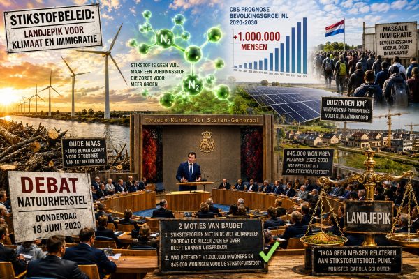 Thierry Baudet spreekt tijdens het stikstofdebat van 18 juni 2020 in de Tweede Kamer, terwijl een illustratieve collage verwijst naar stikstofbeleid, klimaatmaatregelen, bevolkingsgroei, immigratie, windparken, zonneweides, landbouwgrond en de politieke discussie over natuurherstel.
