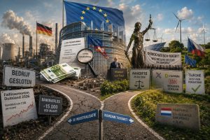 Brussel en de Green Deal centraal in een illustratie over de-industrialisatie, energiebeleid, lobbyisme, klimaatwetgeving en de economische toekomst van Europa.