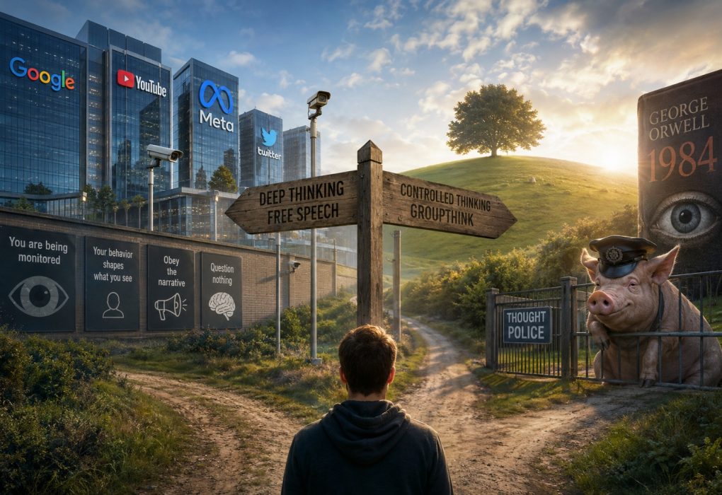 Cinematische illustratie van een kruispunt tussen vrije meningsuiting en digitale controle. Op de achtergrond domineren techgiganten, surveillancetechnologie, algoritmes en Orwelliaanse symboliek, terwijl een individu voor de keuze staat tussen onafhankelijk denken en gecureerde informatie. Beeld verwijst naar censuur, platformmacht, AI-moderatie, sociale controle en de waarschuwingen uit George Orwells Animal Farm en 1984.