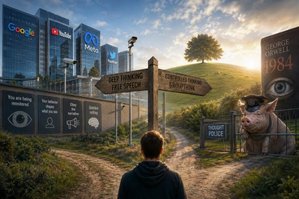 Cinematische illustratie van een kruispunt tussen vrije meningsuiting en digitale controle. Op de achtergrond domineren techgiganten, surveillancetechnologie, algoritmes en Orwelliaanse symboliek, terwijl een individu voor de keuze staat tussen onafhankelijk denken en gecureerde informatie. Beeld verwijst naar censuur, platformmacht, AI-moderatie, sociale controle en de waarschuwingen uit George Orwells Animal Farm en 1984.