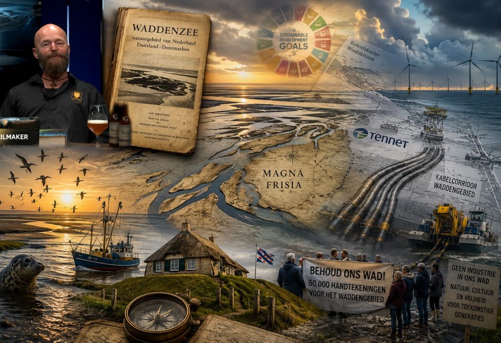 Cinematische moodboard van de Waddenzee met getijdenlandschap, vissersboot, zeehond, historische kaart van Magna Frisia, bewonersprotest tegen gebiedsafsluitingen, TenneT-kabelcorridors, offshore windparken, SDG-symboliek en een verwijzing naar de discussie over klimaatbeleid, natuurbescherming en de toekomst van het Waddengebied.