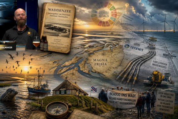 Cinematische moodboard van de Waddenzee met getijdenlandschap, vissersboot, zeehond, historische kaart van Magna Frisia, bewonersprotest tegen gebiedsafsluitingen, TenneT-kabelcorridors, offshore windparken, SDG-symboliek en een verwijzing naar de discussie over klimaatbeleid, natuurbescherming en de toekomst van het Waddengebied.