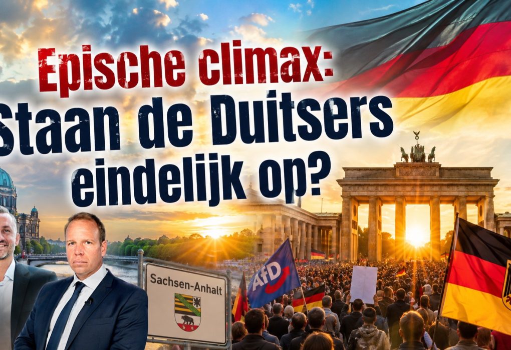 Brandenburger Tor in Berlijn tijdens zonsopkomst met Duitse vlaggen, demonstrerende menigte, Saksen-Anhalt-bord en verwijzing naar de opkomst van de AfD. Op de voorgrond de Nederlandse titel: "Epische climax: Staan de Duitsers eindelijk op?" gebaseerd op een analyse van AUF1-presentator Stefan Magnet over de politieke ontwikkelingen in Duitsland.