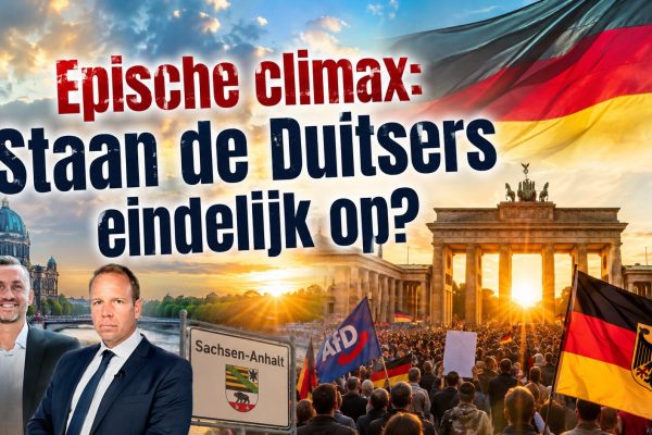 Brandenburger Tor in Berlijn tijdens zonsopkomst met Duitse vlaggen, demonstrerende menigte, Saksen-Anhalt-bord en verwijzing naar de opkomst van de AfD. Op de voorgrond de Nederlandse titel: "Epische climax: Staan de Duitsers eindelijk op?" gebaseerd op een analyse van AUF1-presentator Stefan Magnet over de politieke ontwikkelingen in Duitsland.