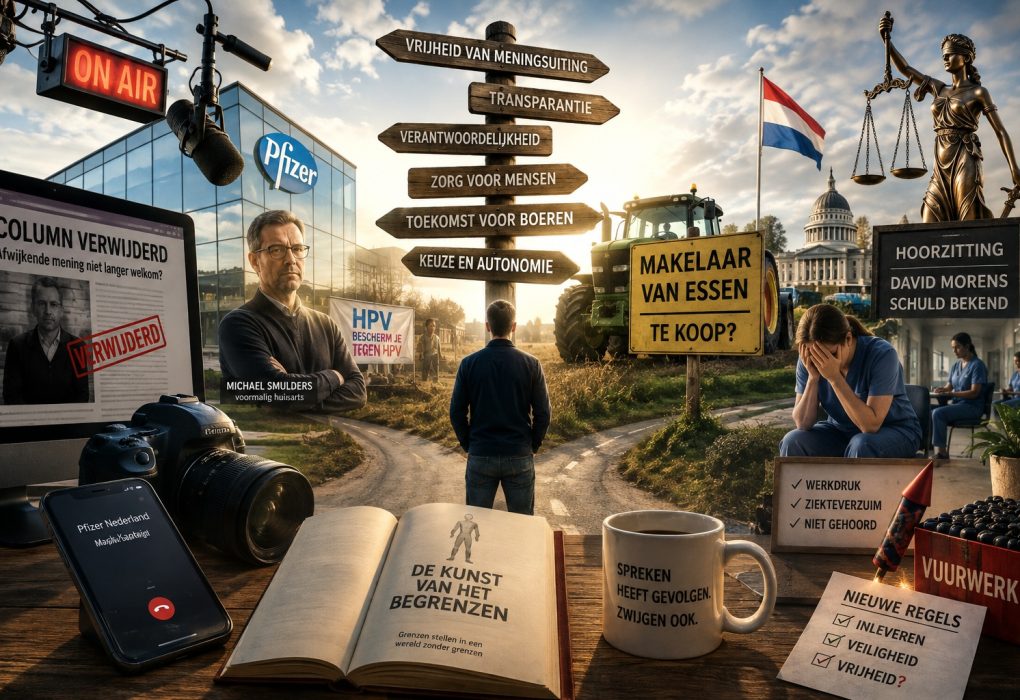 Cinematische collage over vrijheid van meningsuiting, vaccinatiecommunicatie, boerenprotesten, werkdruk in de zorg en maatschappelijke grenzen. Een kruispunt met wegwijzers naar vrijheid, transparantie en verantwoordelijkheid symboliseert het groeiende gevoel dat steeds meer burgers hun persoonlijke en maatschappelijke grens bereiken.
