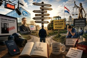 Cinematische collage over vrijheid van meningsuiting, vaccinatiecommunicatie, boerenprotesten, werkdruk in de zorg en maatschappelijke grenzen. Een kruispunt met wegwijzers naar vrijheid, transparantie en verantwoordelijkheid symboliseert het groeiende gevoel dat steeds meer burgers hun persoonlijke en maatschappelijke grens bereiken.