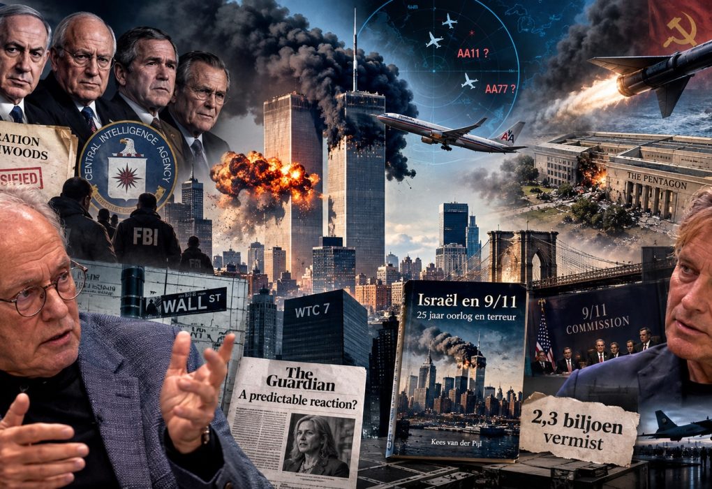 Cinematische HD-collage van de aanslagen van 11 september 2001 met de Twin Towers, het Pentagon, vliegtuigen, militaire radar, New York City en onderzoeksdocumenten. De afbeelding symboliseert geopolitieke macht, controverse, geheime operaties, oorlog, surveillance en de zoektocht naar de waarheid achter 9/11.