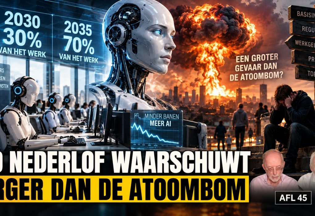 AI doet voor 2035 zeventig procent van het werk volgens Ad Nederlof en Cor Molenaar. Futuristische AI-robots, datacenters, automatisering, werkloosheid, basisinkomen, humanoids en de discussie over de impact van kunstmatige intelligentie op de samenleving.