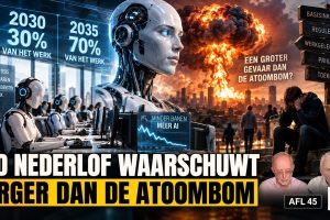 AI doet voor 2035 zeventig procent van het werk volgens Ad Nederlof en Cor Molenaar. Futuristische AI-robots, datacenters, automatisering, werkloosheid, basisinkomen, humanoids en de discussie over de impact van kunstmatige intelligentie op de samenleving.