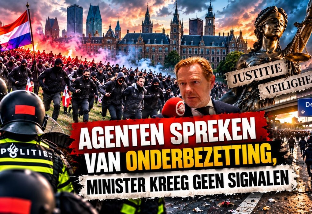 Cinematische nieuwsafbeelding van rellen op het Malieveld in Den Haag met politie in ME-uitrusting, demonstranten die uitbreken richting de snelweg, symboliek rond Justitie en Veiligheid, een minister in beeld en de discussie over politiecapaciteit en onderbezetting.