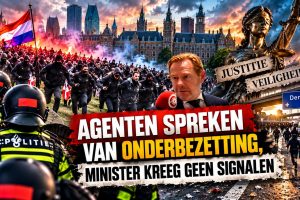 Cinematische nieuwsafbeelding van rellen op het Malieveld in Den Haag met politie in ME-uitrusting, demonstranten die uitbreken richting de snelweg, symboliek rond Justitie en Veiligheid, een minister in beeld en de discussie over politiecapaciteit en onderbezetting.