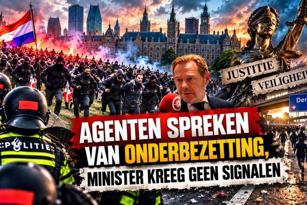 Cinematische nieuwsafbeelding van rellen op het Malieveld in Den Haag met politie in ME-uitrusting, demonstranten die uitbreken richting de snelweg, symboliek rond Justitie en Veiligheid, een minister in beeld en de discussie over politiecapaciteit en onderbezetting.