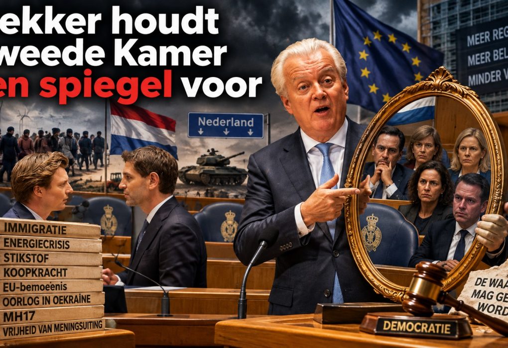 Ralf Dekker van Forum voor Democratie spreekt tijdens de Algemene Beschouwingen in de Tweede Kamer terwijl hij symbolisch een spiegel voorhoudt aan het parlement. Op de achtergrond zijn thema’s zichtbaar als immigratie, energiebeleid, stikstof, koopkracht, Europese Unie, Oekraïne, MH17 en vrijheid van meningsuiting. De afbeelding verbeeldt de discussie over afwijkende meningen, democratisch debat, politieke polarisatie en de vraag hoeveel ruimte er nog is voor kritiek op het gevestigde beleid.