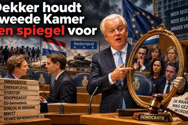 Ralf Dekker van Forum voor Democratie spreekt tijdens de Algemene Beschouwingen in de Tweede Kamer terwijl hij symbolisch een spiegel voorhoudt aan het parlement. Op de achtergrond zijn thema’s zichtbaar als immigratie, energiebeleid, stikstof, koopkracht, Europese Unie, Oekraïne, MH17 en vrijheid van meningsuiting. De afbeelding verbeeldt de discussie over afwijkende meningen, democratisch debat, politieke polarisatie en de vraag hoeveel ruimte er nog is voor kritiek op het gevestigde beleid.