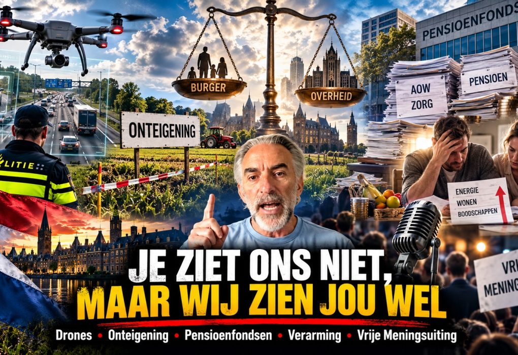 Cinematische nieuwsafbeelding over dronesurveillance, onteigening van landbouwgrond, pensioenfondsen, economische verarming en vrijheid van meningsuiting in Nederland. Op de voorgrond een commentator, omringd door symbolen van toezicht, overheid, burgerrechten en maatschappelijke veranderingen.