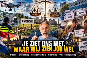 Cinematische nieuwsafbeelding over dronesurveillance, onteigening van landbouwgrond, pensioenfondsen, economische verarming en vrijheid van meningsuiting in Nederland. Op de voorgrond een commentator, omringd door symbolen van toezicht, overheid, burgerrechten en maatschappelijke veranderingen.