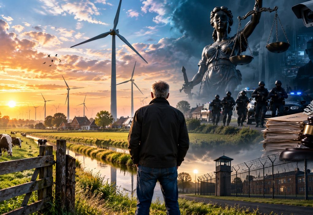Cinematische illustratie van windturbines in de Veenkoloniën tegenover symbolen van rechtspraak, surveillance en gevangenschap, geïnspireerd op het verhaal van Jan Nieboer.