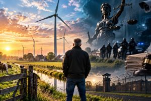 Cinematische illustratie van windturbines in de Veenkoloniën tegenover symbolen van rechtspraak, surveillance en gevangenschap, geïnspireerd op het verhaal van Jan Nieboer.