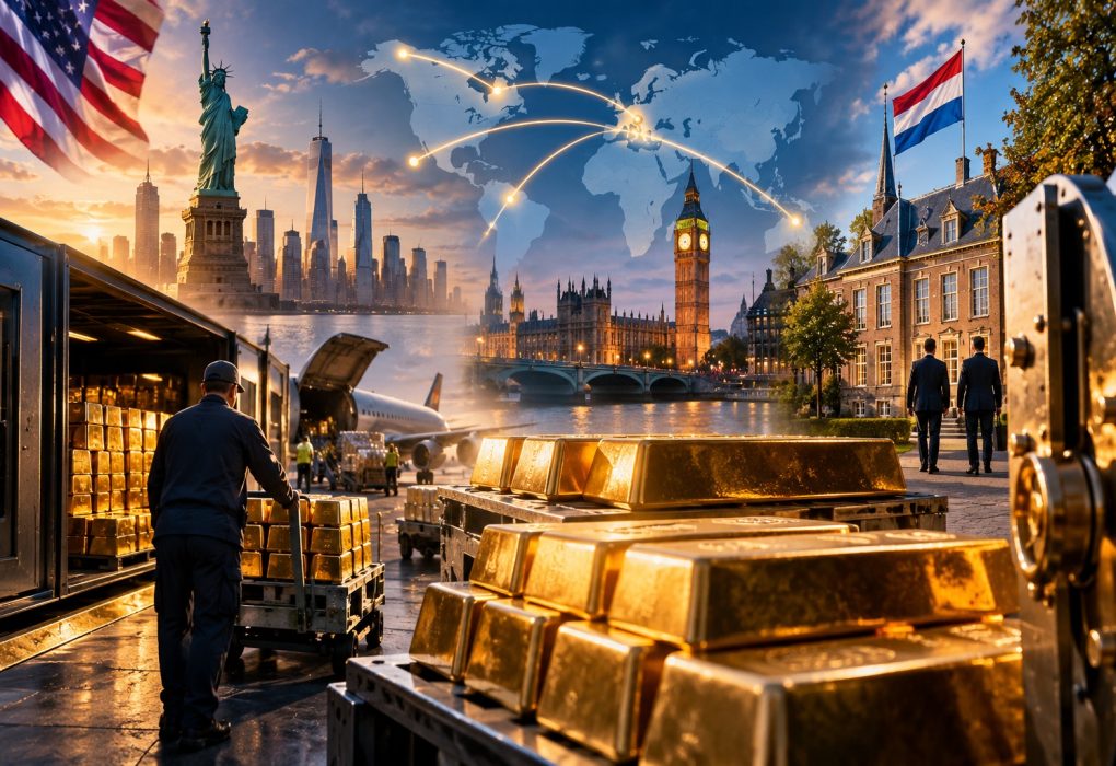Nederlandse goudreserves verplaatst uit Noord-Amerika naar Europa. Cinematische illustratie met goudbaren, internationale financiële centra, een wereldkaart, beveiligde kluizen en symbolen van geopolitieke machtsverschuivingen tussen de Verenigde Staten, het Verenigd Koninkrijk en Nederland.
