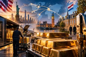 Nederlandse goudreserves verplaatst uit Noord-Amerika naar Europa. Cinematische illustratie met goudbaren, internationale financiële centra, een wereldkaart, beveiligde kluizen en symbolen van geopolitieke machtsverschuivingen tussen de Verenigde Staten, het Verenigd Koninkrijk en Nederland.