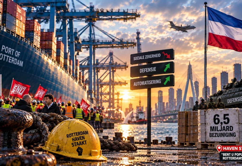 Havenwerkers staken in de Rotterdamse haven tegen 6,5 miljard euro aan bezuinigingen op sociale zekerheid terwijl automatisering, defensie-uitgaven en politieke verdeeldheid centraal staan.