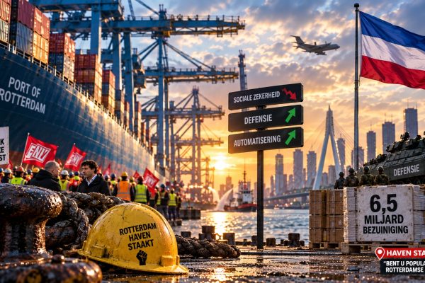 Havenwerkers staken in de Rotterdamse haven tegen 6,5 miljard euro aan bezuinigingen op sociale zekerheid terwijl automatisering, defensie-uitgaven en politieke verdeeldheid centraal staan.