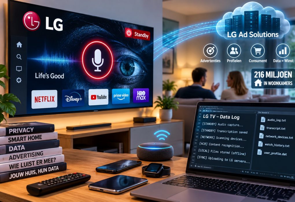 Moderne smart-tv in een woonkamer met digitale datastromen, microfoon, verbonden apparaten en privacysymbolen die de risico’s van surveillance, dataverzameling en advertentieprofilering visualiseren.