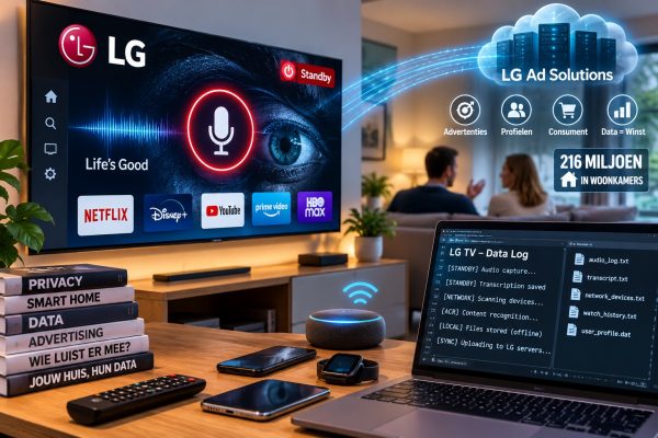 Moderne smart-tv in een woonkamer met digitale datastromen, microfoon, verbonden apparaten en privacysymbolen die de risico’s van surveillance, dataverzameling en advertentieprofilering visualiseren.