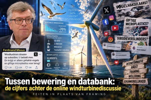 Windturbines op zee met statistieken, vogels, sociale media en online claims over subsidies, vogelsterfte en microplastics tegenover feitelijke onderzoeksdata.