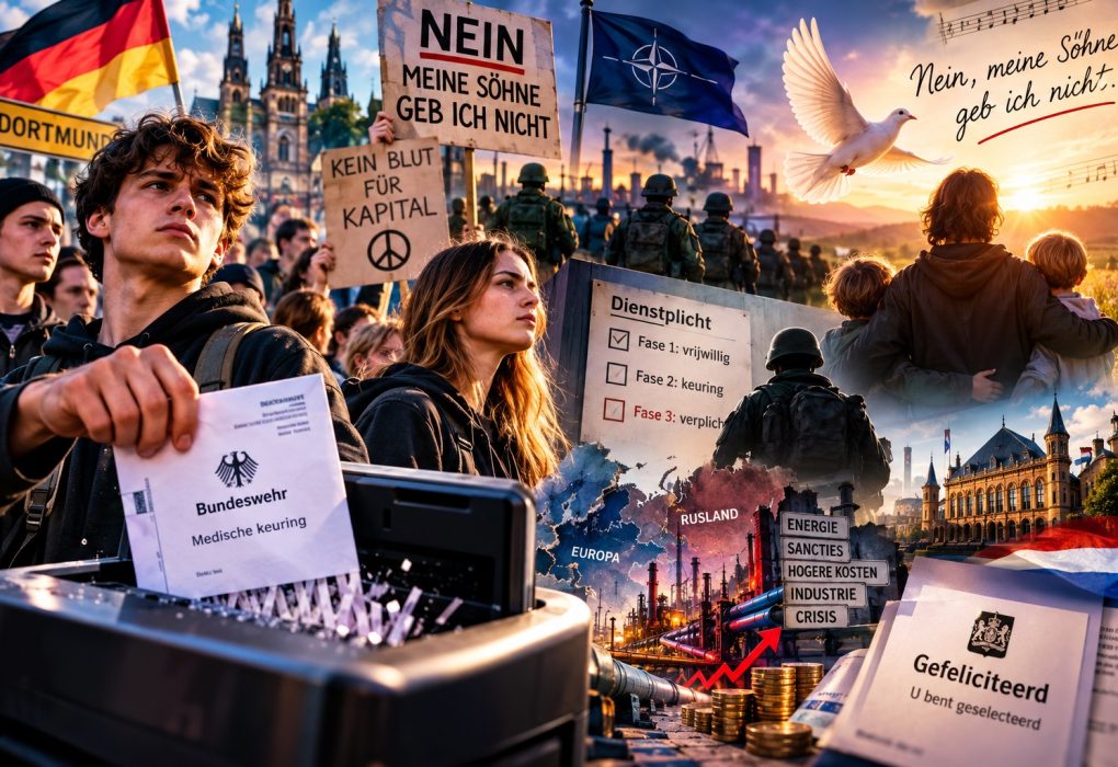 Cinematische collage over dienstplicht, militaire keuringen en jongerenprotest in Duitsland en Nederland. Jongeren versnipperen een legerbrief, protestborden met “Nein, meine Söhne geb ich nicht”, NAVO-symboliek, energiecrisis, stijgende kosten, een Nederlandse oproepbrief en een vader met kinderen onder een vredesduif. Symbolische afbeelding over oorlog, dienstplicht, vrijheid, verzet en generaties.