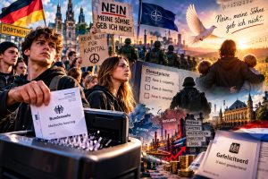 Cinematische collage over dienstplicht, militaire keuringen en jongerenprotest in Duitsland en Nederland. Jongeren versnipperen een legerbrief, protestborden met “Nein, meine Söhne geb ich nicht”, NAVO-symboliek, energiecrisis, stijgende kosten, een Nederlandse oproepbrief en een vader met kinderen onder een vredesduif. Symbolische afbeelding over oorlog, dienstplicht, vrijheid, verzet en generaties.