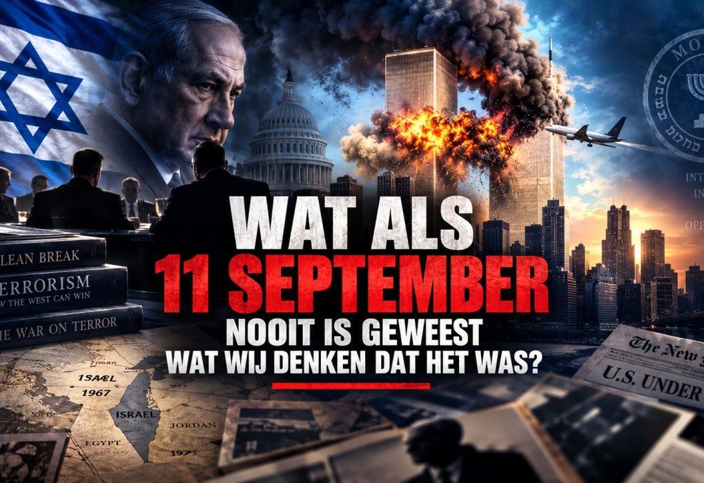 Cinematische illustratie van de Twin Towers tijdens de aanslagen van 11 september, gecombineerd met Israëlische symboliek, geopolitieke documenten en vergaderende machtsfiguren.