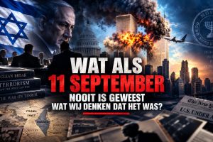 Cinematische illustratie van de Twin Towers tijdens de aanslagen van 11 september, gecombineerd met Israëlische symboliek, geopolitieke documenten en vergaderende machtsfiguren.