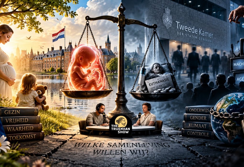 Symbolische HD-collage over abortus, euthanasie, medische ethiek, politieke macht, censuur, onderwijs, surveillance en de toekomst van Nederland. Een weegschaal tussen ongeboren leven en dood staat centraal, met op de achtergrond de Tweede Kamer, media-invloed, controlemechanismen en maatschappelijke verandering.