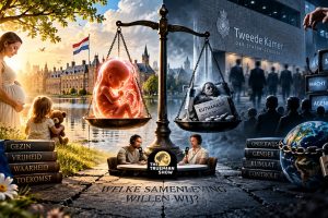 Symbolische HD-collage over abortus, euthanasie, medische ethiek, politieke macht, censuur, onderwijs, surveillance en de toekomst van Nederland. Een weegschaal tussen ongeboren leven en dood staat centraal, met op de achtergrond de Tweede Kamer, media-invloed, controlemechanismen en maatschappelijke verandering.