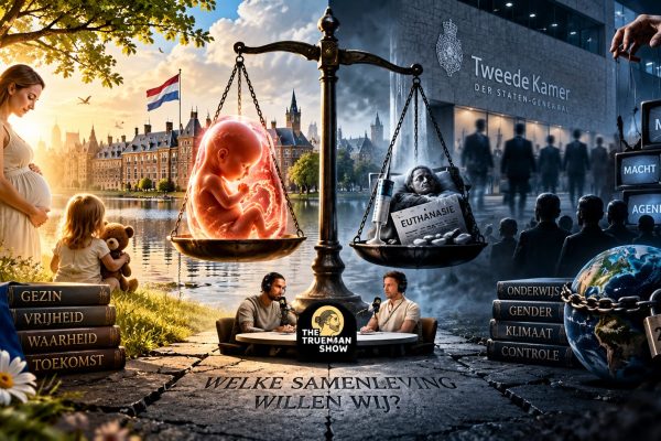 Symbolische HD-collage over abortus, euthanasie, medische ethiek, politieke macht, censuur, onderwijs, surveillance en de toekomst van Nederland. Een weegschaal tussen ongeboren leven en dood staat centraal, met op de achtergrond de Tweede Kamer, media-invloed, controlemechanismen en maatschappelijke verandering.