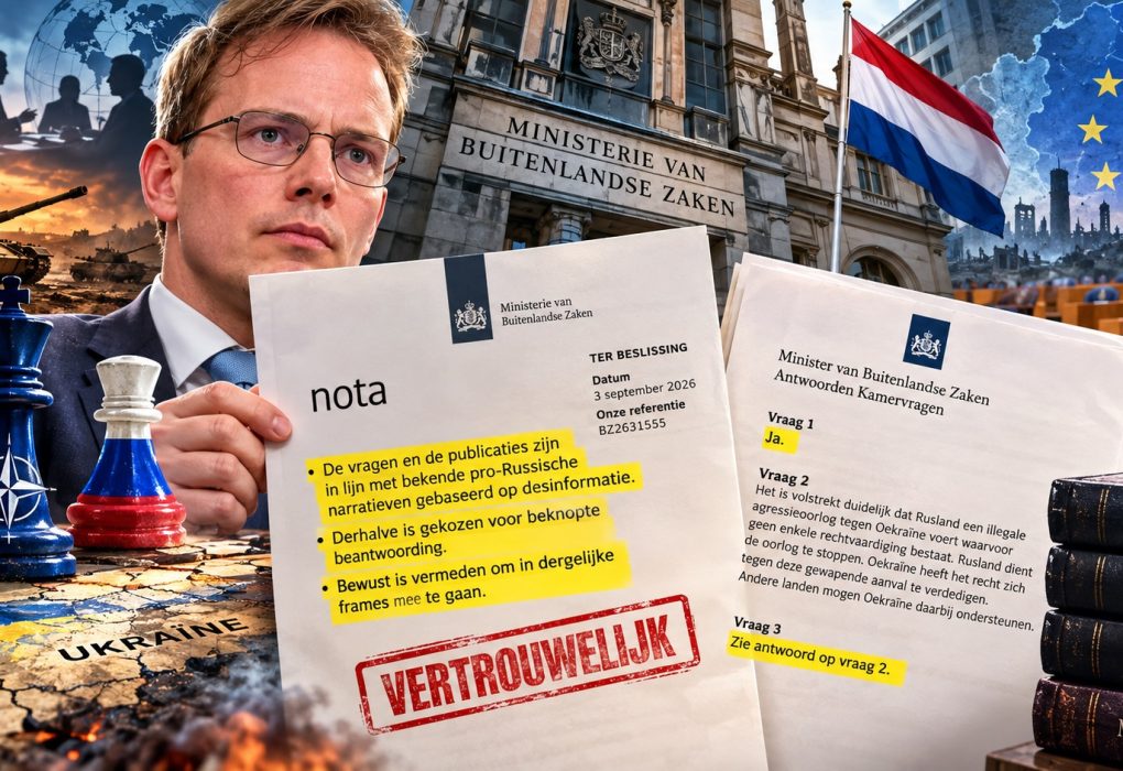 Pepijn van Houwelingen toont documenten van het Ministerie van Buitenlandse Zaken waarin Kamervragen over de oorlog in Oekraïne worden gekoppeld aan pro-Russische narratieven en desinformatie. Op de achtergrond zijn geopolitieke symbolen zichtbaar, waaronder NAVO-schaakstukken, een kaart van Oekraïne, het ministerie, de Tweede Kamer en de Europese Unie.