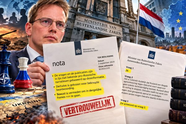 Pepijn van Houwelingen toont documenten van het Ministerie van Buitenlandse Zaken waarin Kamervragen over de oorlog in Oekraïne worden gekoppeld aan pro-Russische narratieven en desinformatie. Op de achtergrond zijn geopolitieke symbolen zichtbaar, waaronder NAVO-schaakstukken, een kaart van Oekraïne, het ministerie, de Tweede Kamer en de Europese Unie.
