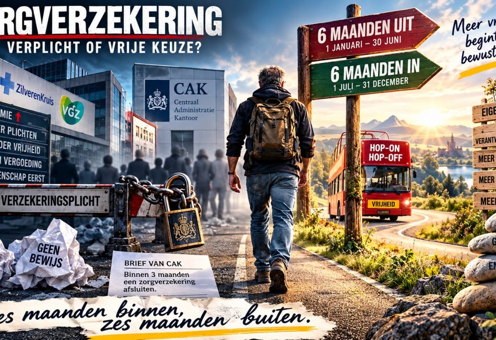 Bewust stoppen met zorgverzekering in Nederland, infographic over verzekeringsplicht, CAK-brief, eigen verantwoordelijkheid, vrijheid van keuze en zes maanden zonder zorgverzekering.