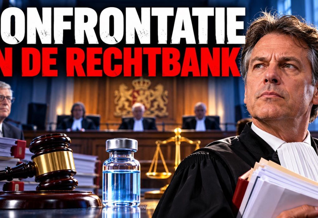 Cinematische afbeelding van een confrontatie in de rechtbank over de COVID-19-vaccinatie, met Bill Gates op de achtergrond, een advocaat in toga, een vaccinatieflesje, een rechtershamer en de Nederlandse vlag.