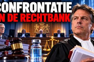 Cinematische afbeelding van een confrontatie in de rechtbank over de COVID-19-vaccinatie, met Bill Gates op de achtergrond, een advocaat in toga, een vaccinatieflesje, een rechtershamer en de Nederlandse vlag.