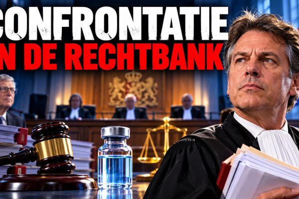 Cinematische afbeelding van een confrontatie in de rechtbank over de COVID-19-vaccinatie, met Bill Gates op de achtergrond, een advocaat in toga, een vaccinatieflesje, een rechtershamer en de Nederlandse vlag.