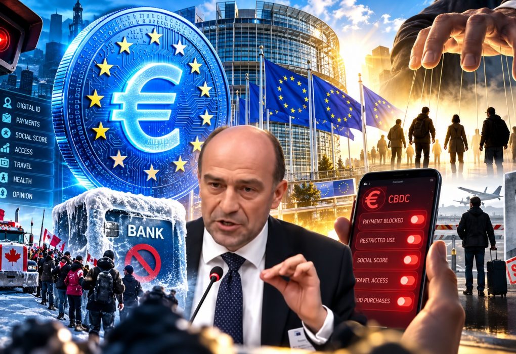 Richard Werner waarschuwt in het Europees Parlement voor de risico’s van programmeerbaar digitaal centralebankgeld (CBDC), digitale identificatie, financiële controle en surveillance. De illustratie toont de digitale euro, bevroren banktegoeden, financiële sancties en de mogelijke gevolgen voor de vrijheid van burgers.