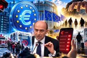 Richard Werner waarschuwt in het Europees Parlement voor de risico’s van programmeerbaar digitaal centralebankgeld (CBDC), digitale identificatie, financiële controle en surveillance. De illustratie toont de digitale euro, bevroren banktegoeden, financiële sancties en de mogelijke gevolgen voor de vrijheid van burgers.