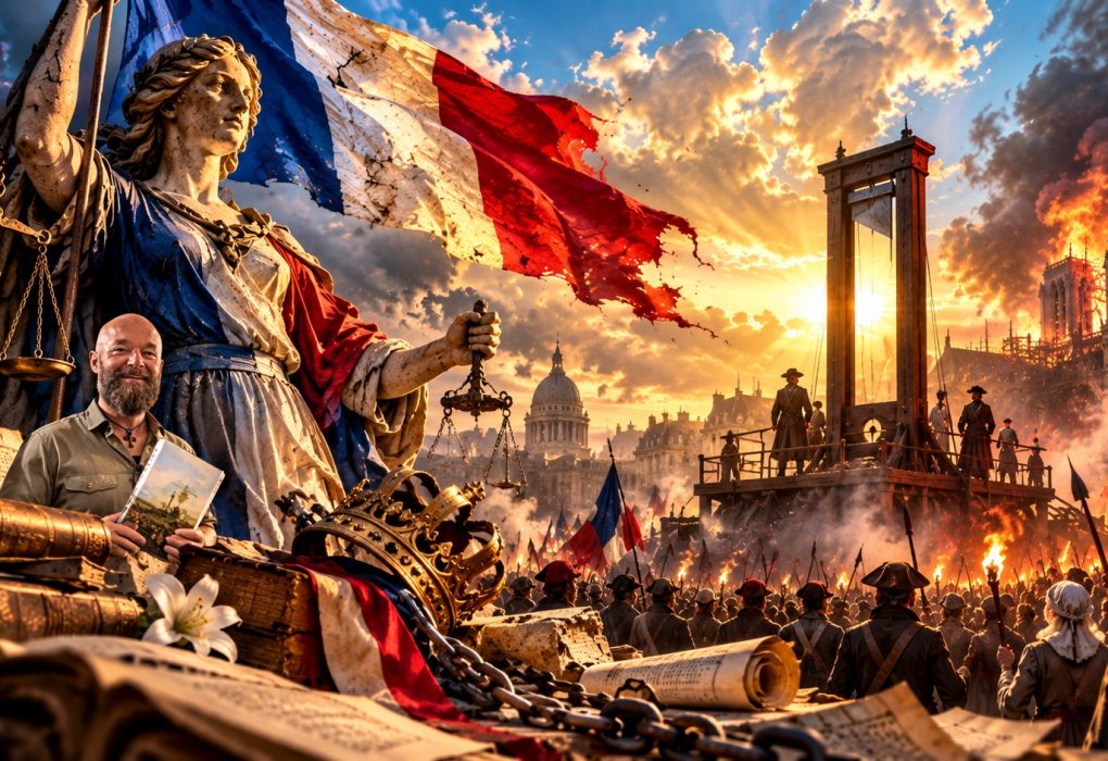 Cinematische historische illustratie van de Franse Revolutie met Rypke Zeilmaker op de voorgrond, afgebeeld met een boek over politieke macht en ideologie. Op de achtergrond symboliseren een monumentaal beeld, een Franse driekleur, een guillotine, revolutionaire menigten, brandende gebouwen, gebroken kronen, ketenen en historische documenten de gewelddadige keerzijde van de idealen vrijheid, gelijkheid en broederschap. De dramatische goudgele zonnestralen contrasteren met donkere rookwolken en benadrukken de spanning tussen revolutionaire idealen, politieke utopieën, onderdrukking en massaal geweld.